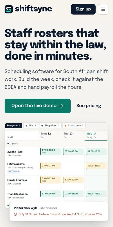 ShiftSync on a phone, showing a roster with a warning about too little rest between shifts.